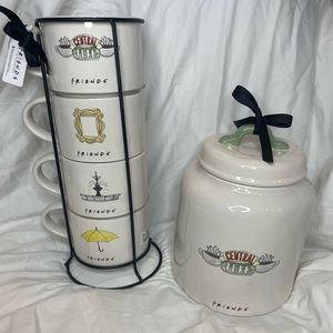 Rae Dunn FRIENDS Central Perk Coffee Canister & 4 Stacked Coffee Tea Mugs